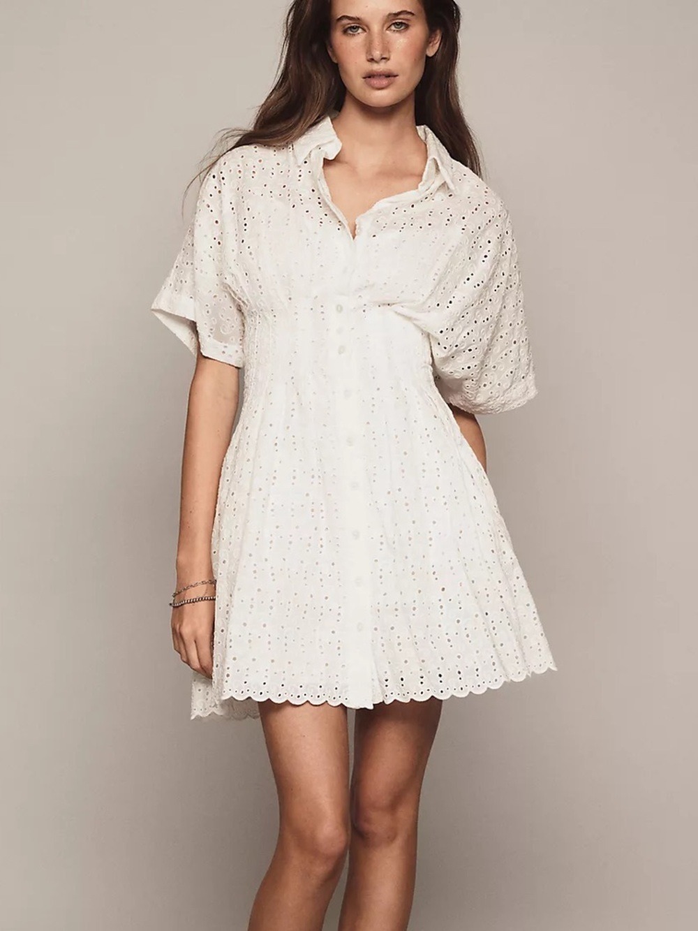 Exquise Tobie White Eyelet Mini Shirt Dress XL P Romantic Boho Chic Cottagecore
